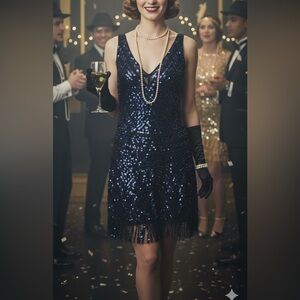 Free People Navy & Black Mesh Sequin Dress